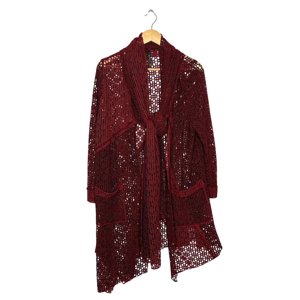Connie K Cardigan Womens Size XL Red Tie Neck Asymmetric Hem Whimsigoth Artsy